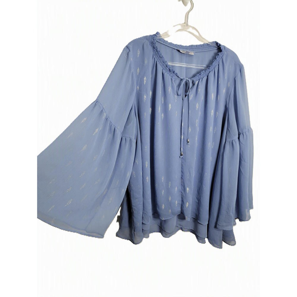 Jennifer Lopez Women 3X Blouse Blue Metallic Foil Bell Sleeve Boho Ruffle Top